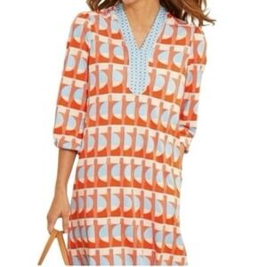 J. McLaughlin Geometric Print Tunic Dress Viscose Pullover Red Blue Size S